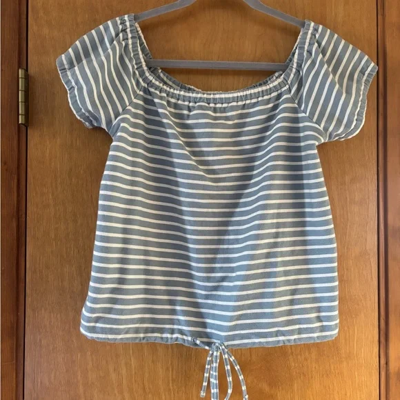 Madewell Blue and White Off-Shoulder Blouse - Picture 2 of 5